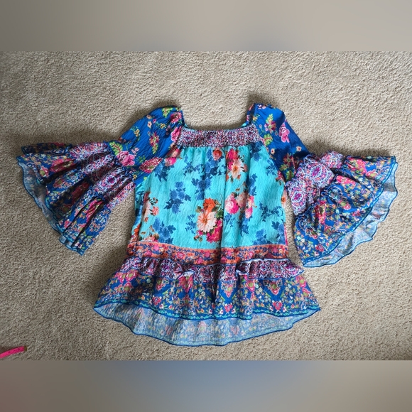 John Mark Size M Blue Pink Floral Bohemian Ruffle Top - Picture 6 of 10